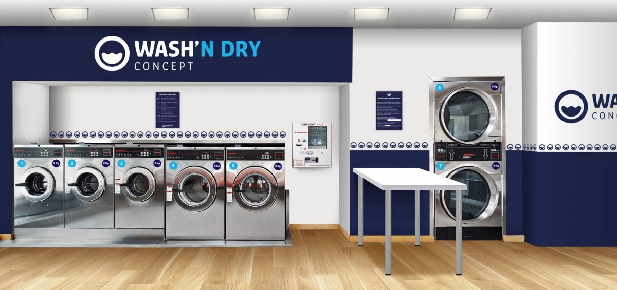 Laverie libre-service Wash'n Dry suivant la charte graphique